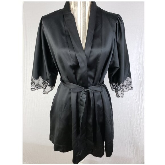 Vintage Christian Dior Lingerie Robe Satin Lace Trim Black size S Union Made